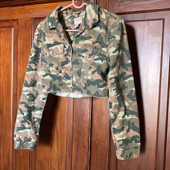 Guess Women's Denim Button Camo Green Brown Cut Off Distressed Jacket Size M - Picture 1 of 11